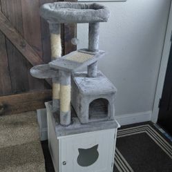 Cute cat tree in litter box Cabinet.
Great.If you have a catholic privacy