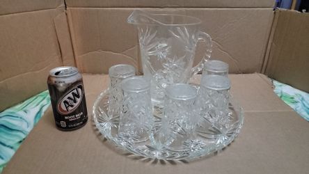 Glass Pitcher and tray with 5 glass cups