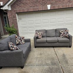 Gray Sofa & Loveseat Set with Accent Pillows – Modern Couch Set