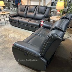 2PCS POWER RECLINER SET, SOFA AND LOVESEAT, BLACK AIR LEATHER W USB [NEW]