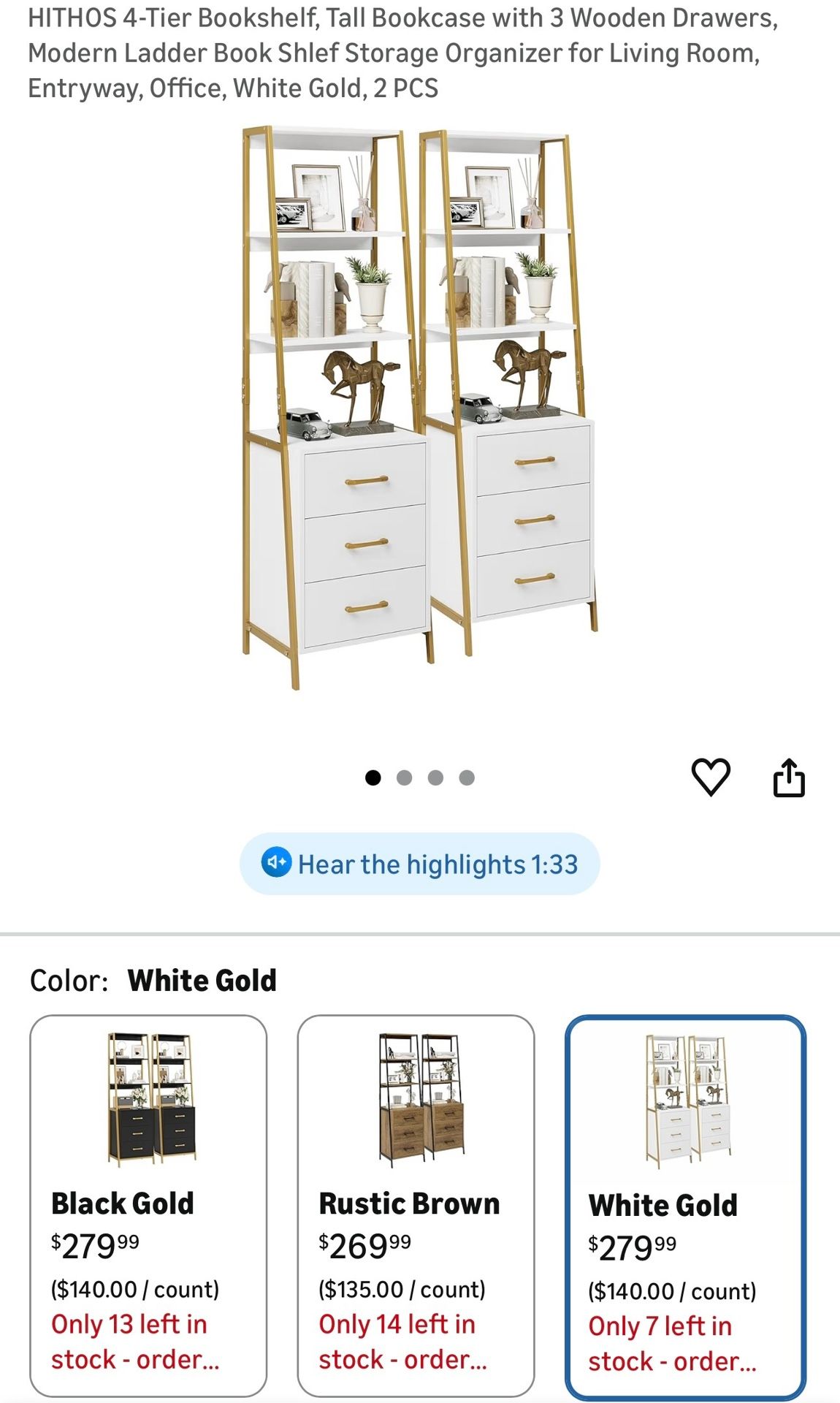 White & Gold 4 Tier Bookshelf- Tall With Woden Shelf