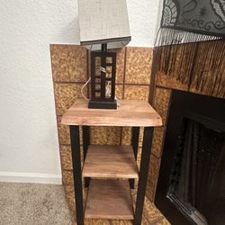 BRAND NEW 3 tier wooden shelf and wooden brown lamp with shade