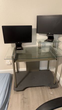 Glass Computer desk with wheels , Computer Chair