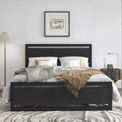 Full Size Metal Platform Bed Frame with Wooden Headboard, 12.4" Under-Bed Storage, Black