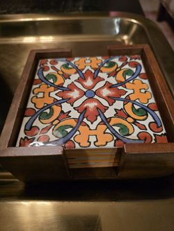 4 Talavera Coasters with Walnut Holder