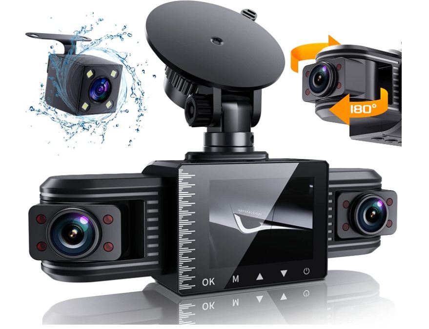 iiwey T1-pro Dash Cam Front and Rear Inside 3 Channel 1080P, Adjustable Lens Dash Camera for Cars with 8 IR Lamps Night Vision, Three Ways Triple Cam