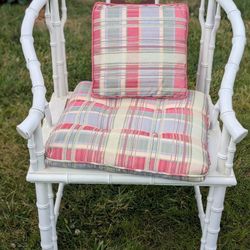 White Bamboo Chair With Plaid Cushion
