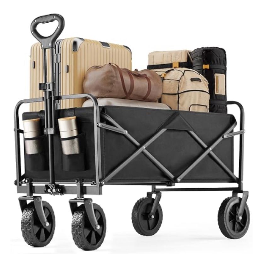 Foldable Utility Wagon Cart – Black (Adjustable Handle, Large Capacity)