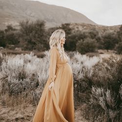 Golden Yellow Chiffon Long Sleeve Maternity Dress (PinkBlush, Never Worn, Size L)