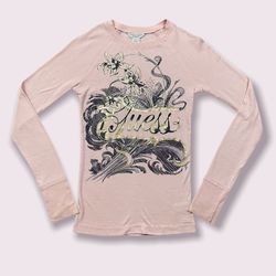GUESS Vintage Y2K Light Baby Pink Gold Floral Fitted Graphic Long Sleeve Top