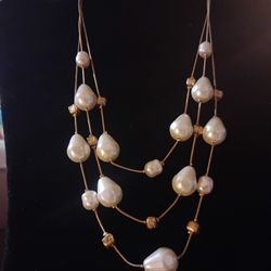 Chico's Vintage Authentic Triple Strand Faux Pearl Gold Accents Statement Necklace 