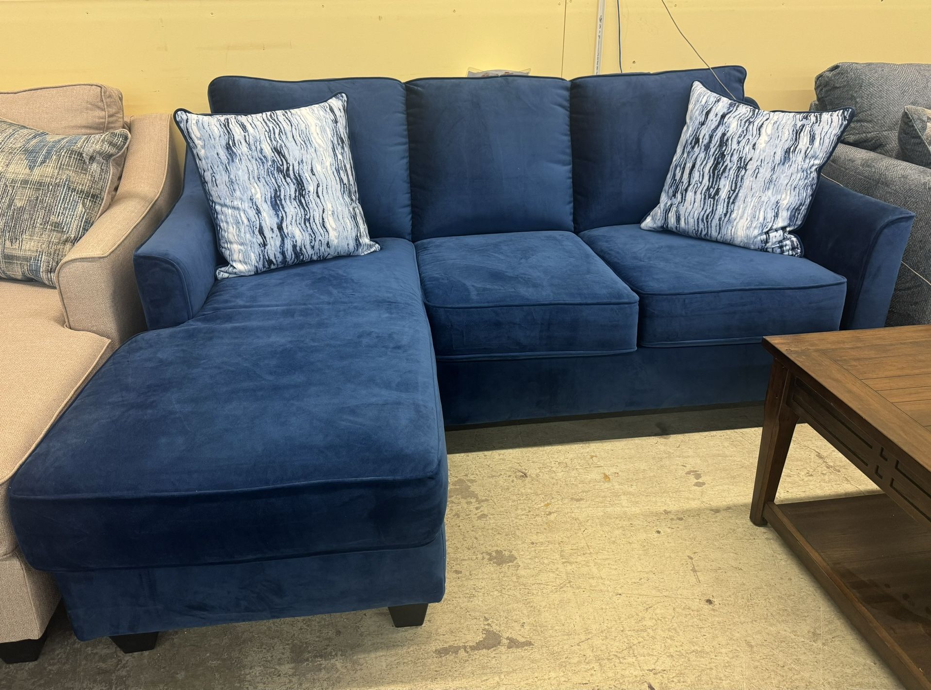 Blue Sofa With Reversible Chaise End.