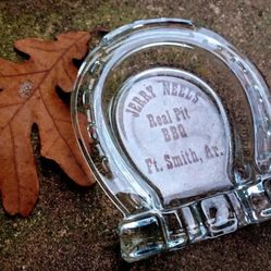 Vintage Midcentury Glass Advertising Tobbacia Ashtray Arkansas Horseshoe  BBQ