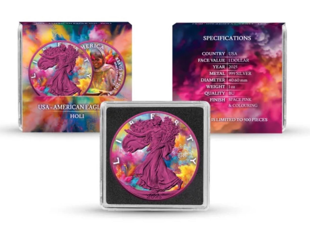2025 American Silver Eagle • Hindu HOLI FESTIVAL of Colors Edition • Pink Space Colored Finish, 1 oz Fine Silver • Limited Mintage of 500