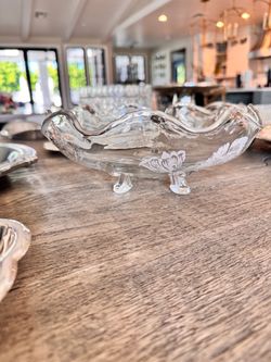 Vintage Footed Clear Glass and Silver Floral Bowl
