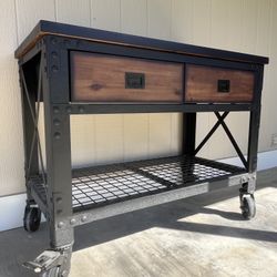 Industrial Heavy-Duty Rolling Workbench / Console Table – Solid Wood Top