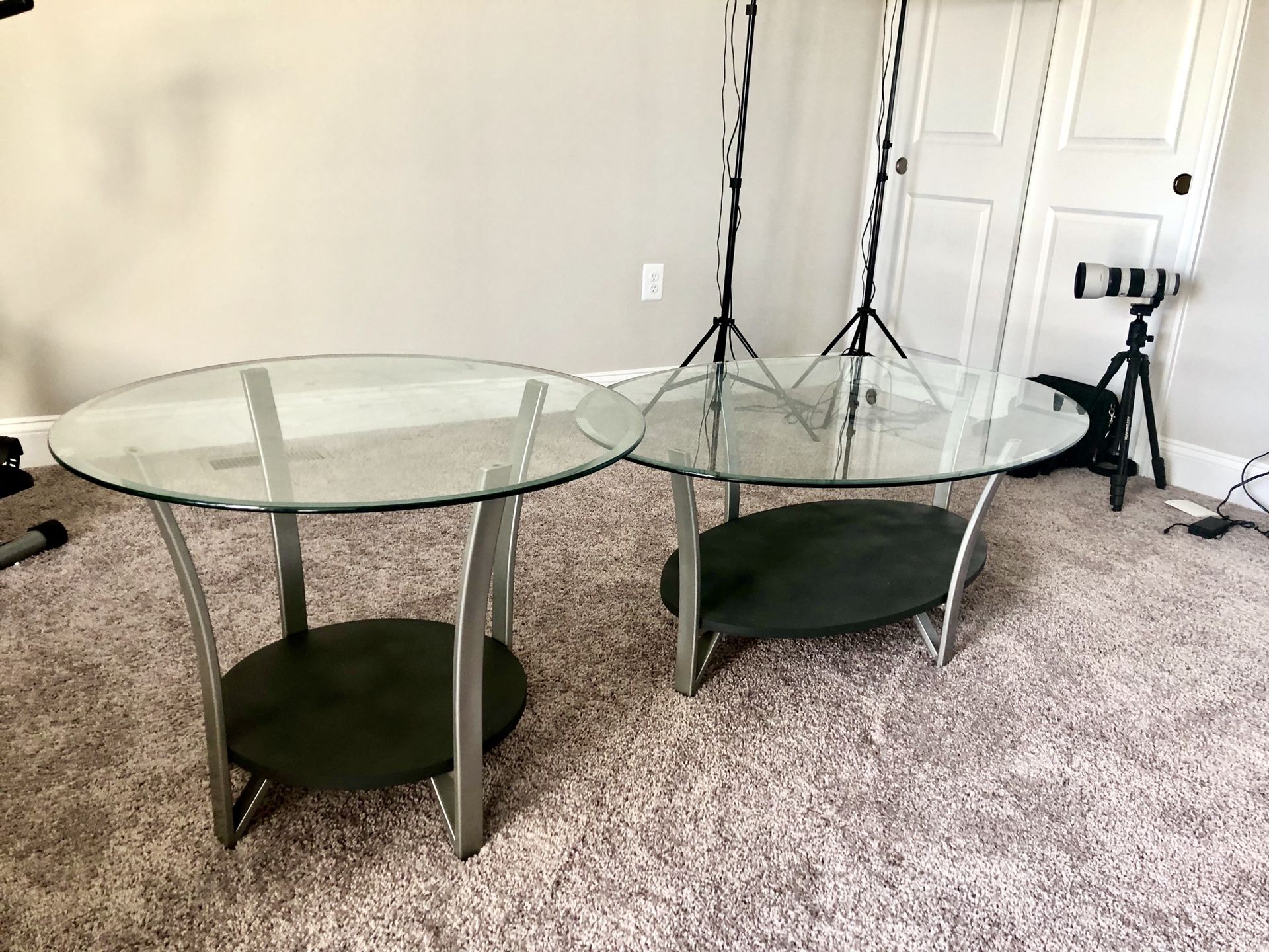 Grey round table and side table with wooden base and glass top, local pickup only