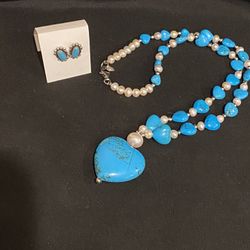 Genuine Sterling Silver Turquoise Pearl Heart Necklace + Earrings  