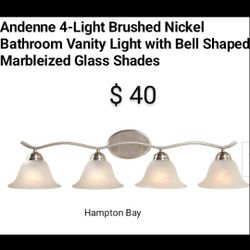 Brand New Andenne 4 Light Brushed Nickel Bathroom Vanity Light With Bell Shaped Marbleized Glass 