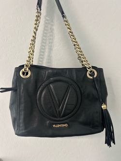 Mario Valentino Made in Italy Black Shoulder Bag – Gold Chain Handbag