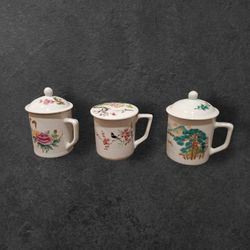 Chinese Lidded Coffee Tea Cup Mug Collection Hand Painted  Vintage 
