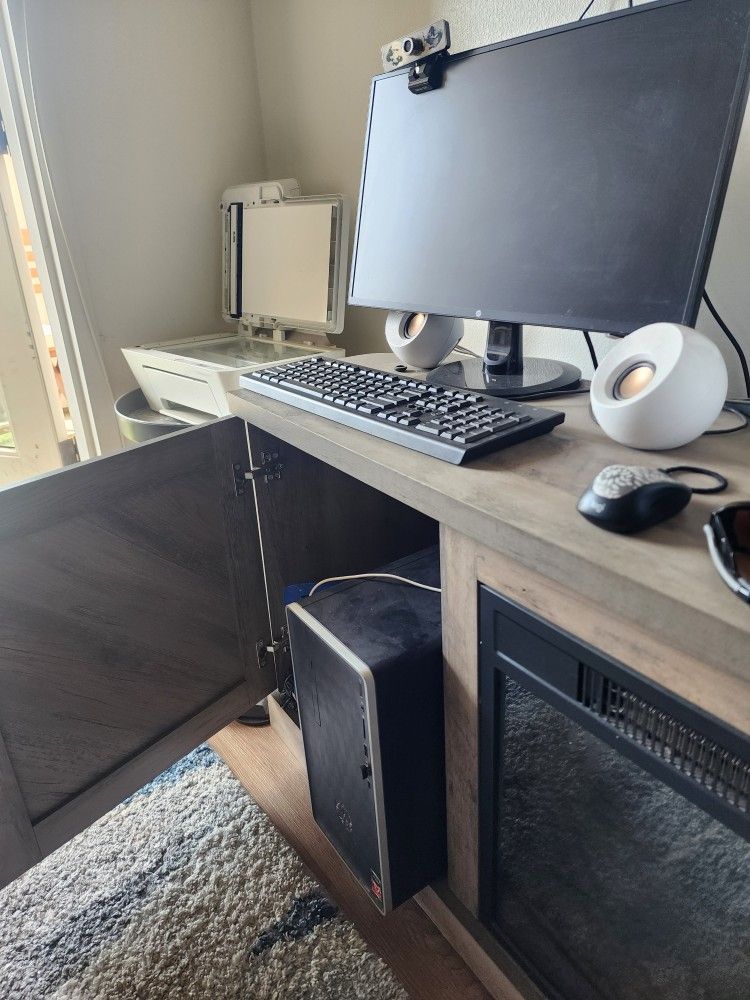 Computer HP, PRINTER, AND FIRE Place Cabinet with Storage