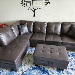 Brand New Box Espresso Leather Sectional Ottoman And Pillows