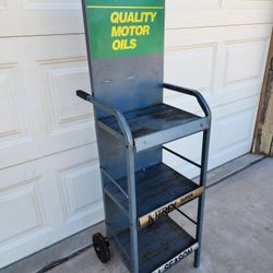 BP Gas Station Vintage Motor Oil Display Stand Wheeled Rack