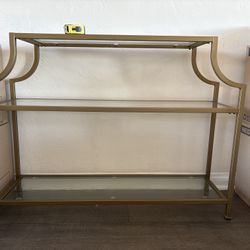 Gold metal & glass console table/bar – 3 shelf shelving unit