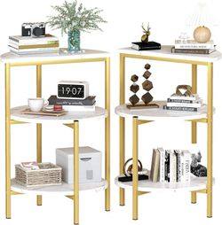 Marble Side End Table Set, 3-Tier Sofa Side Table, Small Round Coffee, Table Bedside Table of 2, Corner Table w/Metal Frame for Living Room Bedroom, W