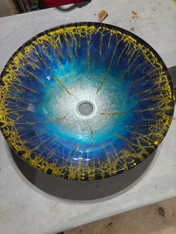 Round Glass Vessel Sink Blue Gold