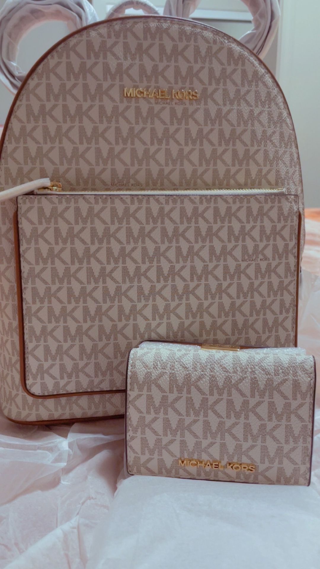 Michael Kors Cream and Tan Backpack & Wallet