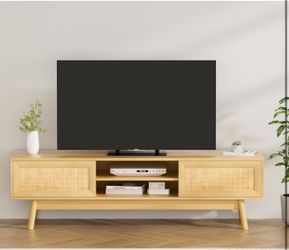 59" Rattan TV Stand for up to 65 Inches - Boho Entertainment Center With Natural Rattan Door - Mid Century Modern Console for Living Room, Bedroom (Na