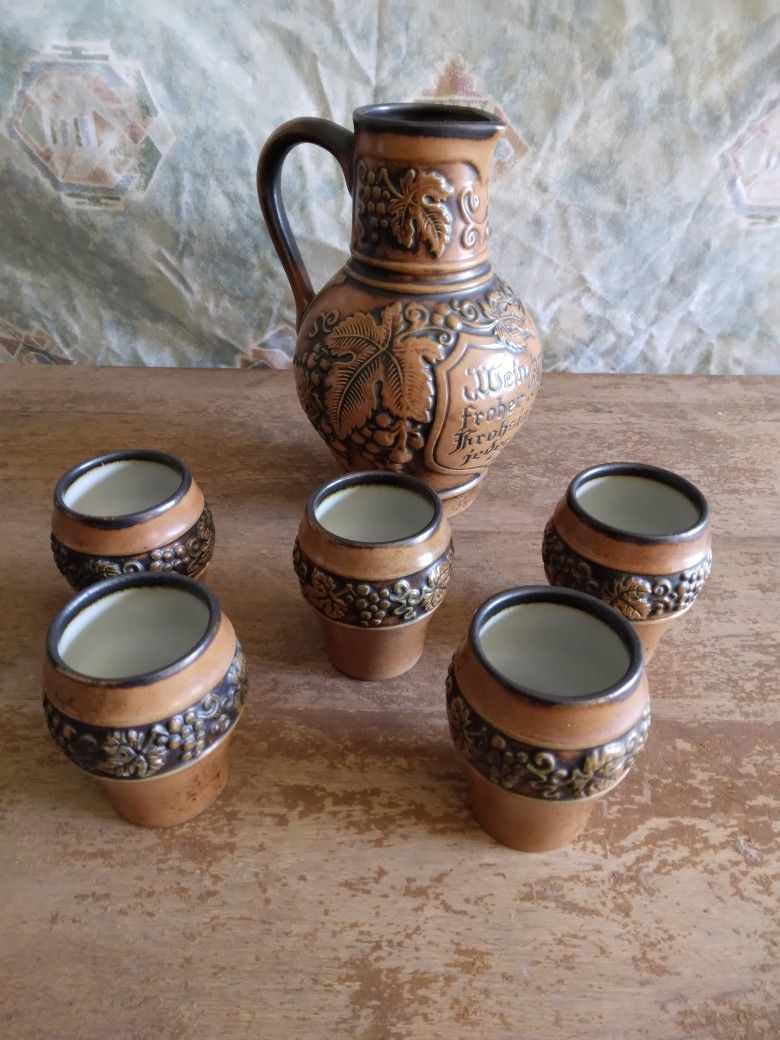 German Stoneware Wine Pitcher With 5 Cups