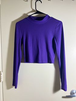 Vibrant Purple Ribbed Mock Neck Long Sleeve Crop Top