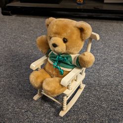 Plush Bear with Christmas Shirt in Rocking Chair