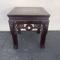 Oriental Rosewood Carved Square Ming Style Table w/ Cloisonné Enamel Inlay & on Top