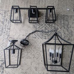 Set of Open Black Metal Light Fixtures 