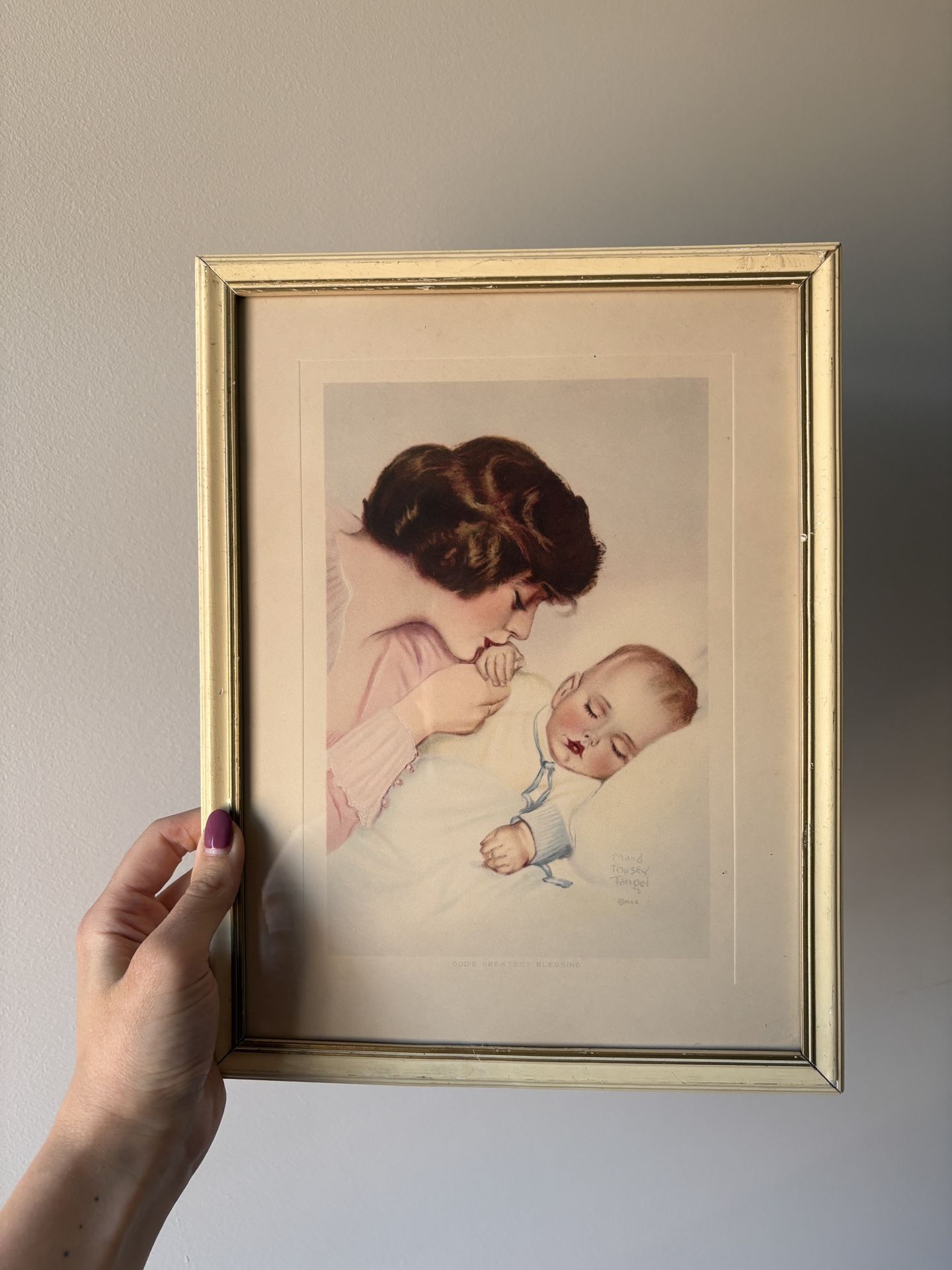Vintage Wall Art Print of Mother & Baby by Maud Tousey Fangel “God’s Greatest Blessing” Lithograph