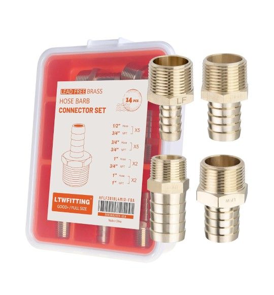 LTWFITTING Assortment Kit Hose ID (1/2-Inch to 1-Inch) x (3/4-Inch, 1-Inch) NPT Male Brass Hose Barb Connector Set for Water (Pack of 14)