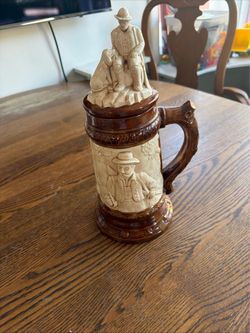 Vtg 13” Beer Stein A 3D Relief Scene of Hunter & Dog