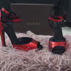 Gucci Womens Heel Shoe Ankle Strap Red Black Sequin Glitter US Size 6.5 Eu Size 37