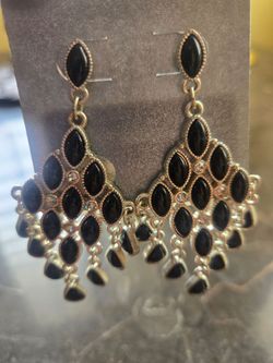 Beautiful Silver Tone Black Acrylic & White Rhinestone Studded Long Chandelier Earrings