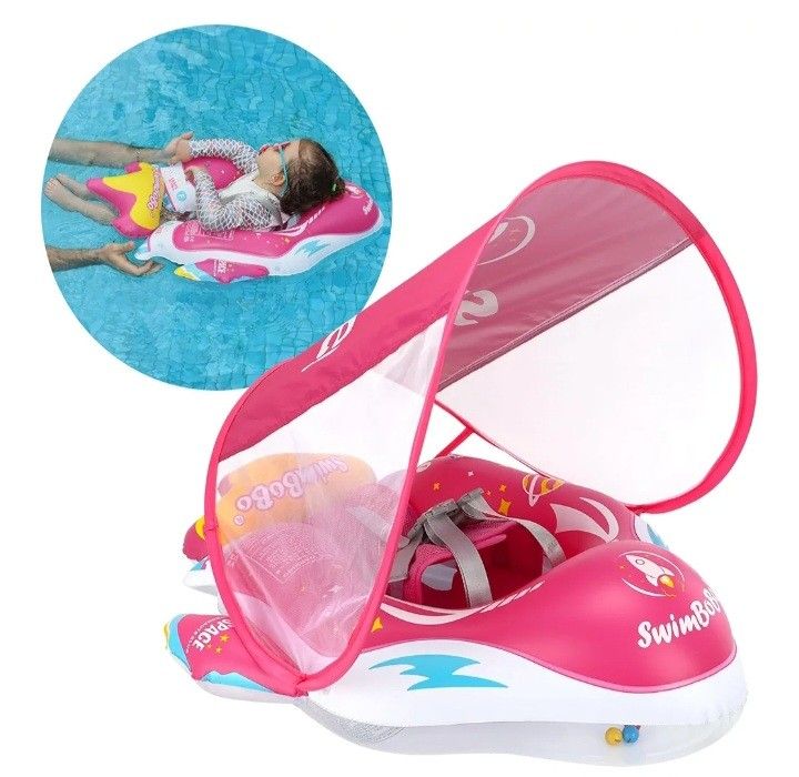 Swimbobo Toddler Pool Float Inflatable Car Baby Swim Float with Adjustable Sun Canopy and Safety Seat