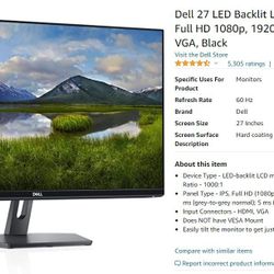 Dell 27 LED Backlit LCD Monitor SE2719H IPS Full HD 1080p, 1920x1080 at 60 Hz HDMI VGA, Black

