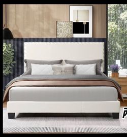 Okak Full Primary Bedroom Bed Frame with Upholstered Headboard & Nailhead Trim,Modern Platform Bed No Box Spring Needed,Beige