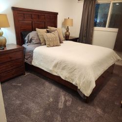Mango Wood Queen Storage Bed, 2 Nightstands, 9 Drawer Dresser And Mirror