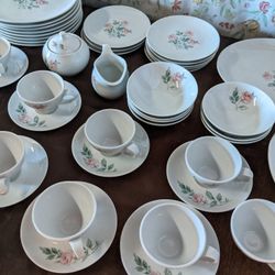 Antique 1959 China Set Pink Roses MCM Teacups Plates Dishes