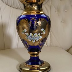 12” Vase- Crystal, Enameled, Painted, in 24 ct Gold