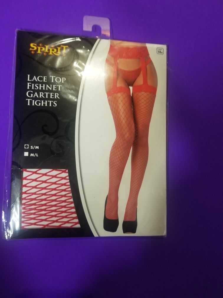 Red Fishnet Lace Top Garter Thigh Highs